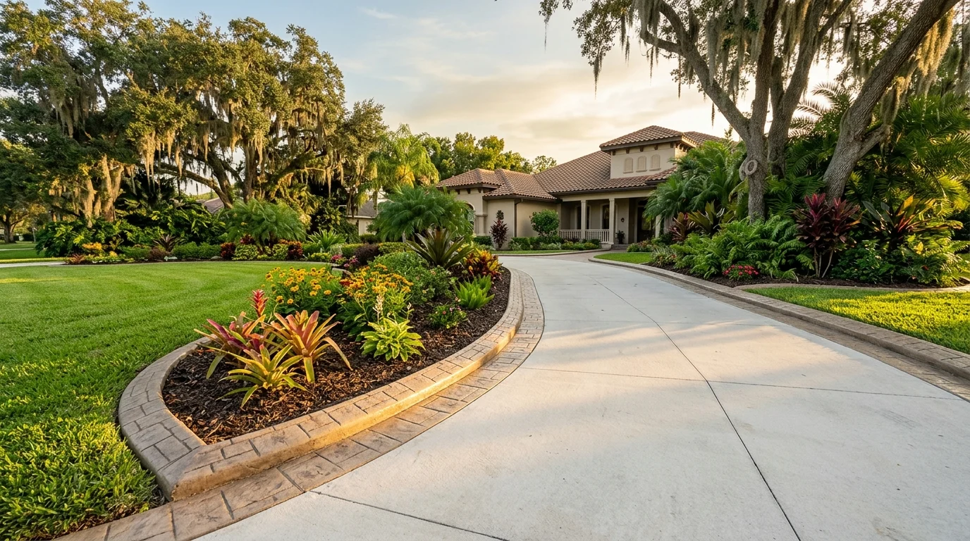 Beautiful concrete landscape curbing at sunset